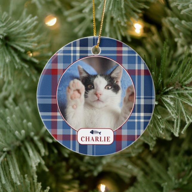 Ornamento De Cerâmica Foto de Pet de Xadrez Azul de Gato Personalizado (Árvore)