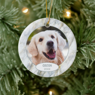 Ornamento De Cerâmica Foto de Pet Fofa Personalizada 1º Natal em Mármore