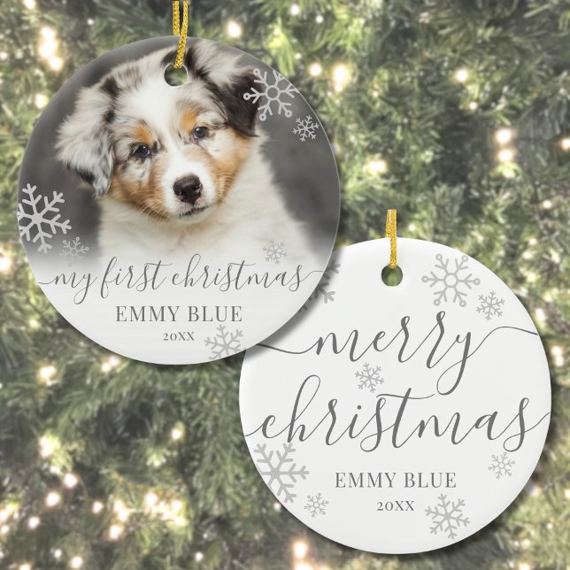 Ornamento De Cerâmica Foto de Pet Meus Cachorros Meu Primeiro Natal (Cute Snowflakes Pet Photo Dog My First Christmas Ceramic Ornament)