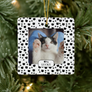 Ornamento De Cerâmica Foto de Pet Personalizada de Gato e Pawprint