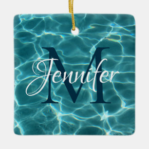 Ornamento De Cerâmica Foto de piscina com monograma em aqua e branco