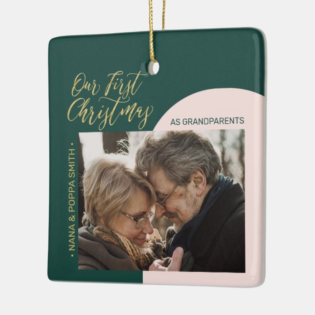 Ornamento De Cerâmica Foto de Primeiro Natal Verde, Rosa e Dourada Moder (Esquerda)