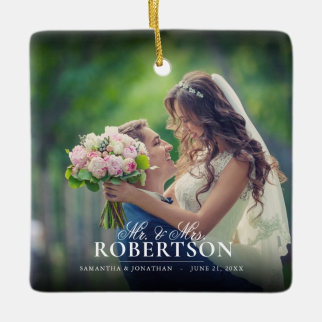 Ornamento De Cerâmica Foto de Script Elegante - Natal Recém-casado (Frente)