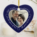 Ornamento De Cerâmica Foto do 26º aniversário de casamento<br><div class="desc">Comemore um 26º ano feliz de casamento com um ornamento personalizado de fotos em um delicioso quadro de forma cardíaca. Basta carregar sua própria foto do casal casado e ela aparecerá no recorte. O fundo azul indigo apresenta uma fonte e decorações de script branco. As palavras são: 26º Aniversário de...</div>