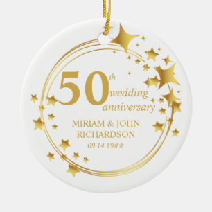 Ornamento De Cerâmica Foto do 50º Casamento com Coroa de Estrelas Dourad