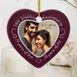 Ornamento De Cerâmica Foto do Aniversário de Casamento de 14<br><div class="desc">Celebrar um ano 14 feliz de casamento com um ornamento personalizado de fotos em um delicioso quadro de forma cardíaca. Basta carregar sua própria foto do casal casado e ela aparecerá no recorte. O ambiente colorido da beringela (beringela) apresenta uma fonte e decorações brancas. As palavras são: 14 Wedding Anniversário...</div>