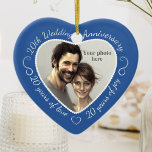 Ornamento De Cerâmica Foto do Aniversário de Casamento de 20<br><div class="desc">Celebrar um ano 20 feliz de casamento com um ornamento personalizado de fotos em um delicioso quadro de forma cardíaca. Basta carregar sua própria foto do casal casado e ela aparecerá no recorte. O fundo azul apresenta uma fonte e decorações de script branco. As palavras são: 20 Wedding Anniversário -...</div>