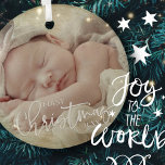Ornamento De Cerâmica Foto do Bebê Personalizada com Script Simples de N<br><div class="desc">Este design simples e clássico é composto por tipografia de serifa e adiciona uma fotografia e um ano personalizados.</div>