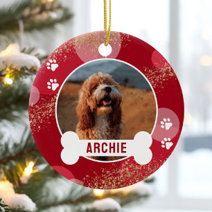 Ornamento De Cerâmica Foto do Cão Vermelho Osso Nome Natal