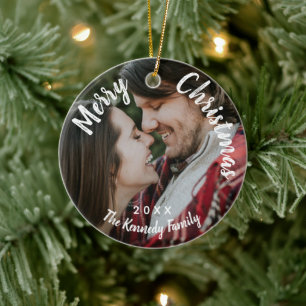 Ornamento De Cerâmica Foto do Casal do Nome da Família Feliz Natal Perso