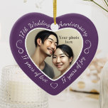 Ornamento De Cerâmica Foto do Coração do 17º Aniversário de Casamento<br><div class="desc">Comemore um 17º ano feliz de casamento com um ornamento personalizado de fotos em um delicioso quadro de forma cardíaca. Basta carregar sua própria foto do casal casado e ela aparecerá no recorte. O roxo possui uma fonte e decorações de script branco. As palavras são: 17º Aniversário de Casamento -...</div>