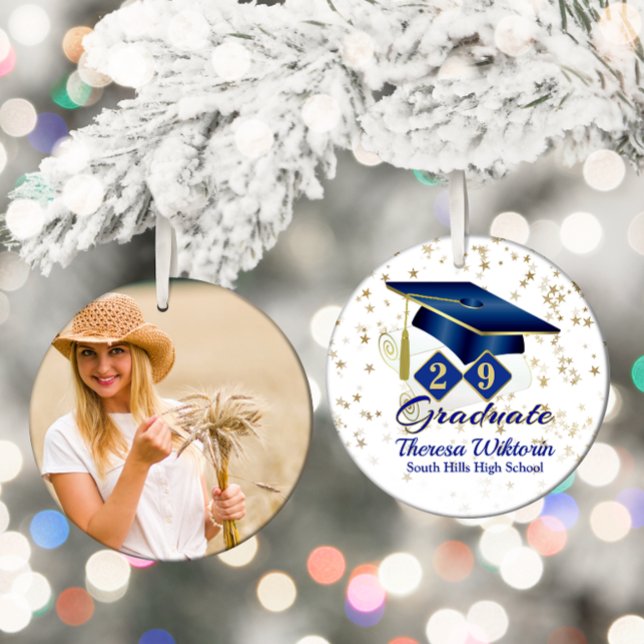 Ornamento De Cerâmica Foto do Formando 20xx azul e Dourada (Blue and Gold Graduate Photo Ceramic Ornament)