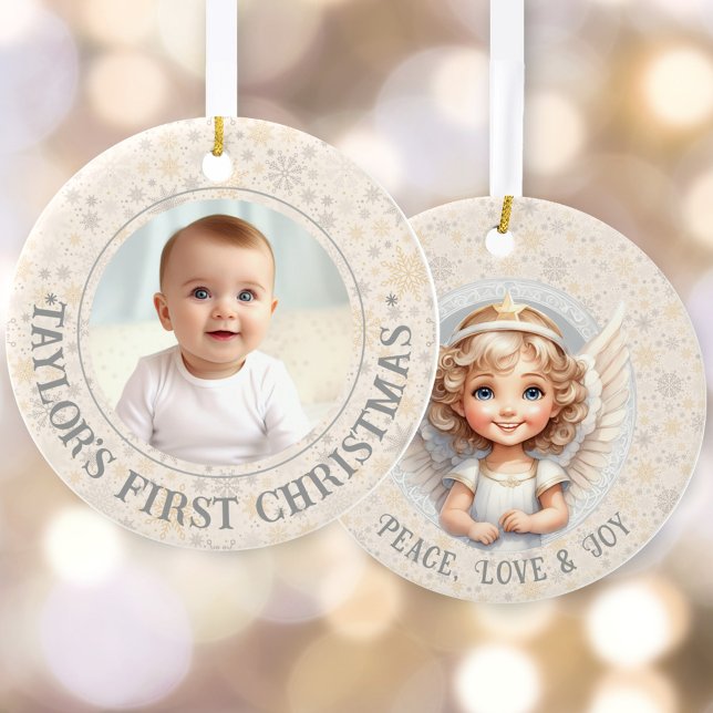 Ornamento De Cerâmica Foto do Modelo do Anjo do Primeiro Natal (Cute First Christmas Angel Template Name Photo Ceramic Ornament)