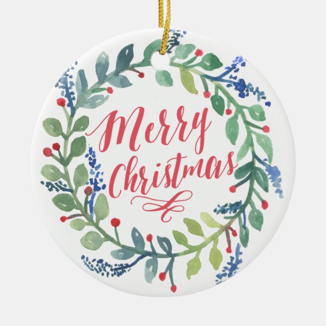 Ornamento De Cerâmica Foto do Natal da grinalda da aguarela (Frente)