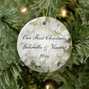 Ornamento De Cerâmica Foto do Natal do Hydrangea branco primeira