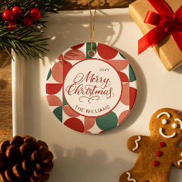 Ornamento De Cerâmica Foto do Padrão Geométrico de Natal Vermelho Person