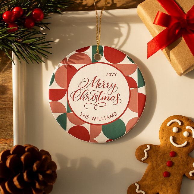 Ornamento De Cerâmica Foto do Padrão Geométrico de Natal Vermelho Person (Criador carregado)