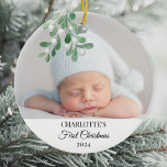 Ornamento De Cerâmica Foto do primeiro erro de Natal do bebê<br><div class="desc">O Primeiro Ornamento de Natal deste bebê bonitinho é decorado com loteria de aquarela. Facilmente personalizável com a foto, o nome e o ano do seu bebê. Use a Ferramenta Design para alterar o tamanho, o estilo ou a cor do texto. Porque nós criamos a nossa trabalho de arte, você...</div>