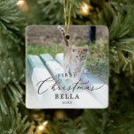 Ornamento De Cerâmica Foto do primeiro gato de Natal de Delicate Kitten<br><div class="desc">A primeira peça de cerâmica de gato de Natal deste delicado é a decoração perfeita e moderna de árvores de Natal. A design romântica minimalista apresenta uma magnífica e elegante tipografia negra com um aspecto simples e limpo. Este ornamento de manutenção diz "primeiro Natal". Personalize seu ornamento de dois lados...</div>