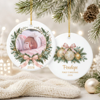 Ornamento De Cerâmica Foto do Primeiro Natal da Bebê com Rosa