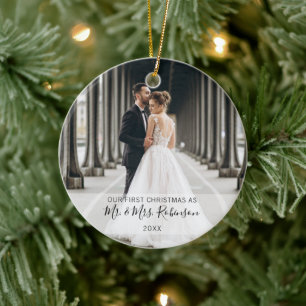 Ornamento De Cerâmica Foto do Primeiro Natal de Casal Casado