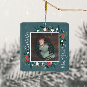 Ornamento De Cerâmica Foto do Primeiro Natal de Cranberry & Foliage Bab