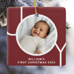 Ornamento De Cerâmica Foto do Primeiro Natal do Bebê<br><div class="desc">O Primeiro Ornamento Fotográfico de Natal deste na moda Baby é decorado com a palavra JOY em tipografia moderna em fundo de marrom. Facilmente personalizável com sua foto,  nome e ano. Faz um presente especial para avós,  tias e tios.</div>