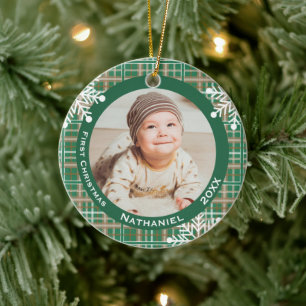 Ornamento De Cerâmica Foto do Primeiro Natal do Bebê com Xadrez Verde e