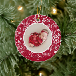 Ornamento De Cerâmica Foto do Primeiro Natal do Bebê em Cranberry