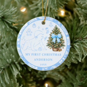 Ornamento De Cerâmica Foto do Primeiro Natal do Bebê em Renda Azul Desbo