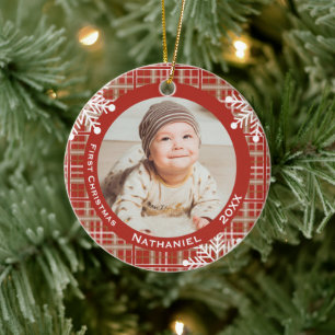 Ornamento De Cerâmica Foto do Primeiro Natal do Bebê em Xadrez Vermelho