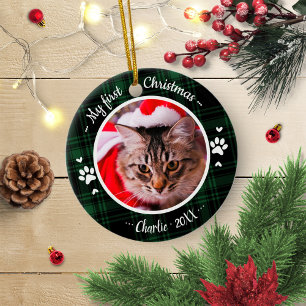 Ornamento De Cerâmica Foto do Primeiro Natal do Gato em Xadrez Verde Rús