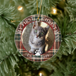 Ornamento De Cerâmica Foto do Primeiro Natal do Gato em Xadrez Vermelho 