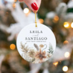Ornamento De Cerâmica Foto do Primeiro Natal do Newweed<br><div class="desc">Novo Enfeites de natal de Foto do Boho de Natal. Personalize seu ornamento clicando em Personalizar. Mude foto,  nome e saudação para adicionar seu toque pessoal. Correspondência de itens em nossa loja Design do Partido Cava</div>