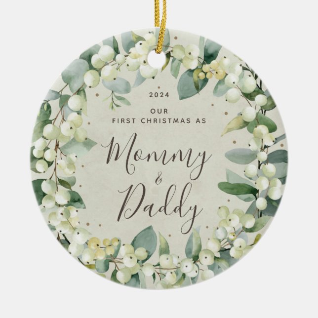Ornamento De Cerâmica Foto do Primeiro Natal dos Pais com Snowberries (Frente)