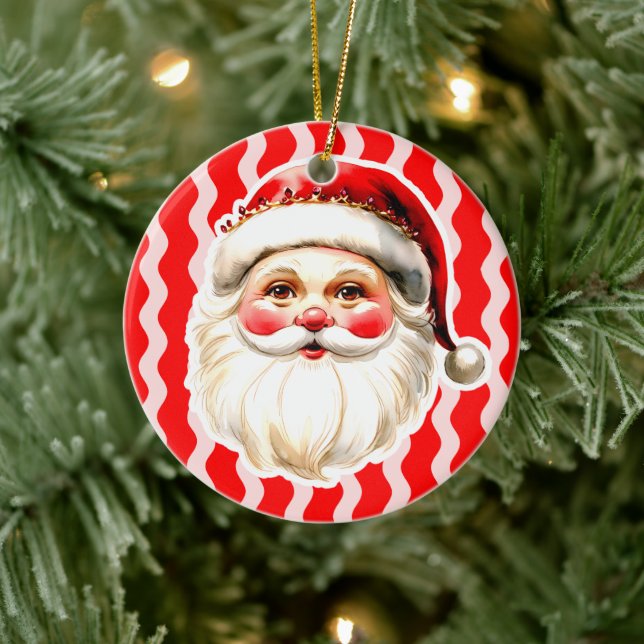 Ornamento De Cerâmica Foto do Red Retro Santa Claus Ric Rac Crianças de  (Árvore)