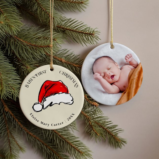 Ornamento De Cerâmica Foto do Red Santa Hat Baby (Baby's First Christmas Santa Hat photo personalized ornament.)