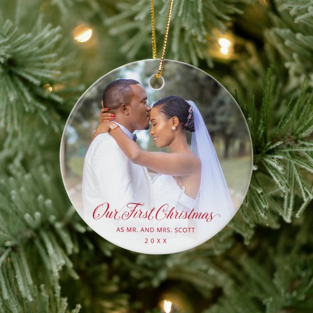 Ornamento De Cerâmica Foto do Script Elegante Vermelho Nosso Primeiro Na (Árvore)