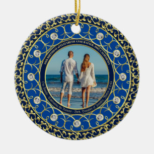 Ornamento De Cerâmica Foto Dourada Comemorativa Diamante Retrato Azul
