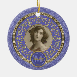 Ornamento De Cerâmica Foto Dourada Lavanda Comemorativa Clássica Damask