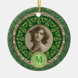 Ornamento De Cerâmica Foto: Dourado Clássico Damask Comemorativo Verde