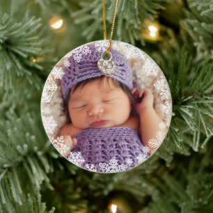 Ornamento De Cerâmica Foto e Nome de Bebê com Floco de Neve Branco Elega