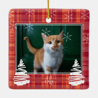 Ornamento De Cerâmica Foto e Pet da Família Natal da Xadrez Vermelha Per