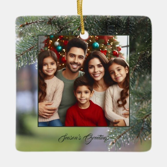 Ornamento De Cerâmica Foto Elegante Evergreen Tree Branches Dark Green (Frente)