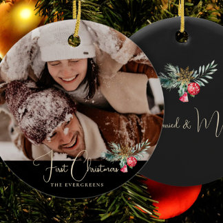 Ornamento De Cerâmica Foto Elegante Moderna Greenery Bell Primeiro Natal