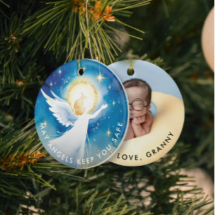 Ornamento De Cerâmica Foto em aquarela de Anjo da Guarda Religioso Fofo