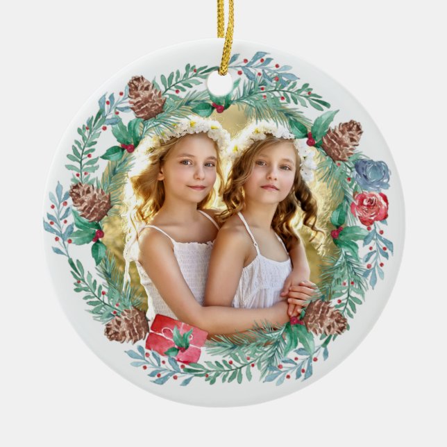 Ornamento De Cerâmica Foto em frente dupla do Pine Cone de Natal (Frente)