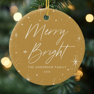 Ornamento De Cerâmica Foto em Ouro com Letra Moderna de Natal Alegre e B