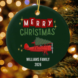 Ornamento De Cerâmica Foto engraçada de avião antigo e árvore de Natal