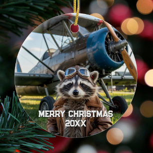 Ornamento De Cerâmica Foto engraçada de Natal de avião piloto guaxinim